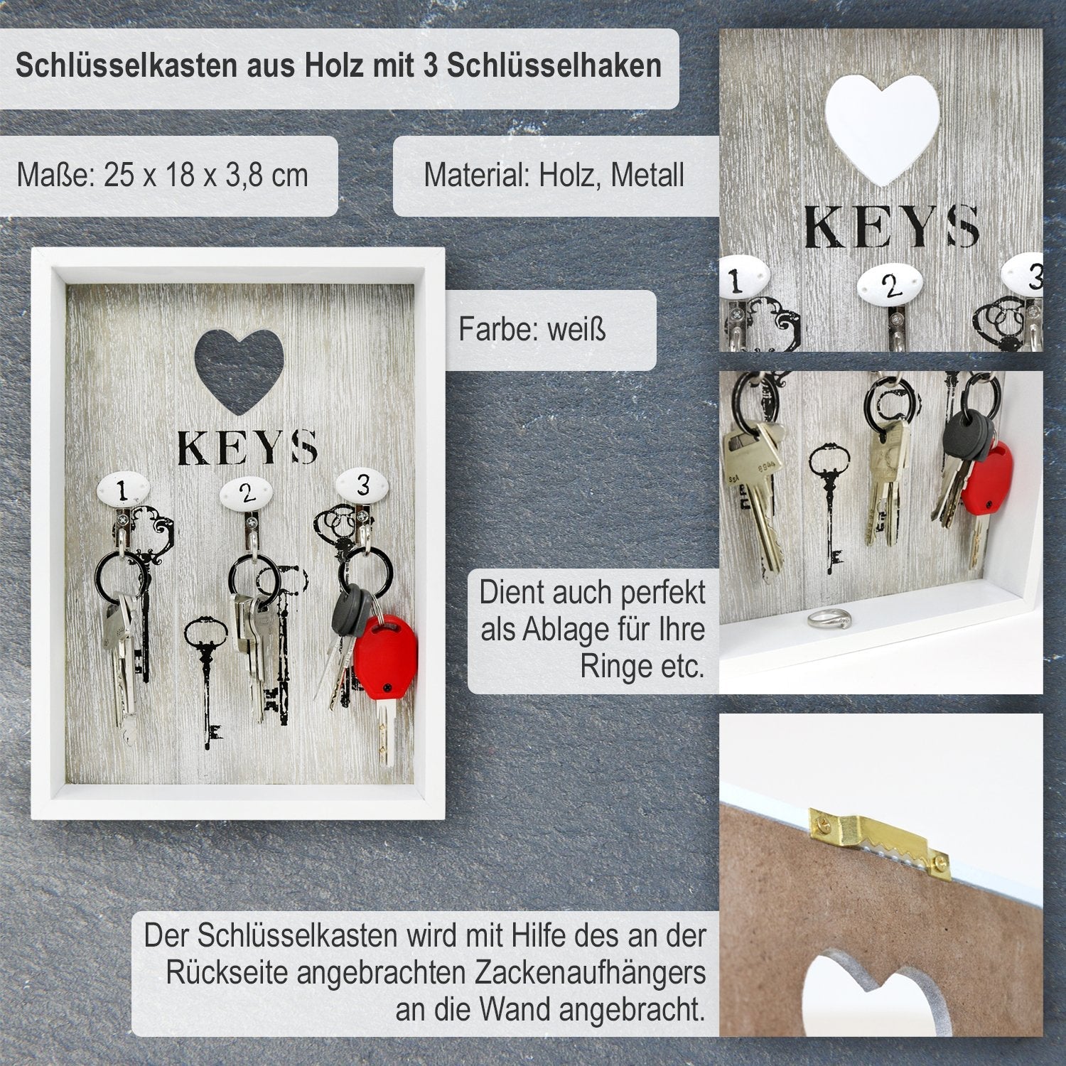 com-four® key box made of wood with 3 key hooks, 25 x 18 x 3.8 cm