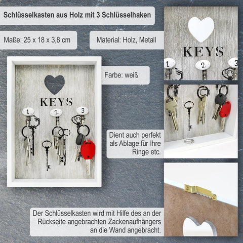 com-four® key box made of wood with 3 key hooks, 25 x 18 x 3.8 cm
