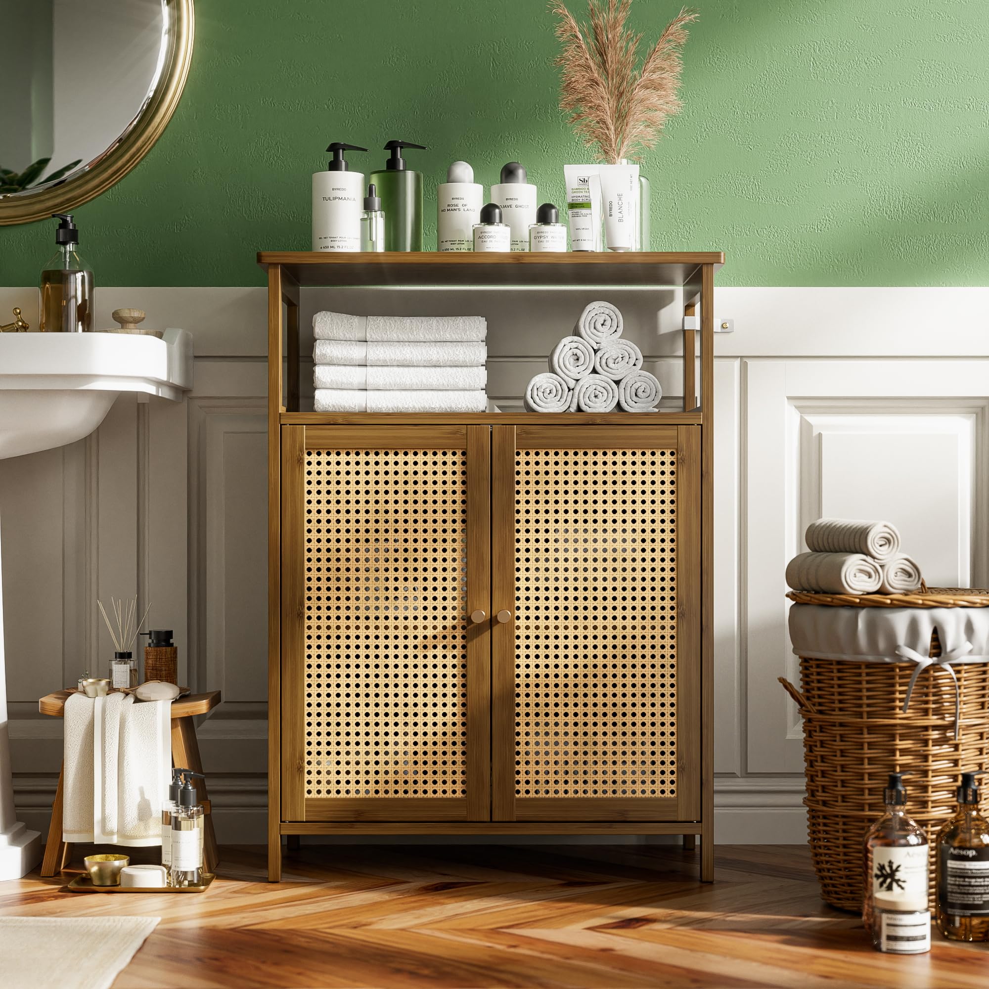 vovala Bathroom Floor Stand Cabinet, Bamboo Storage Organizer Table with 2 Rattan Doors and 1 Shelf, Wooden Side Cupboard for Hallway, Laundry