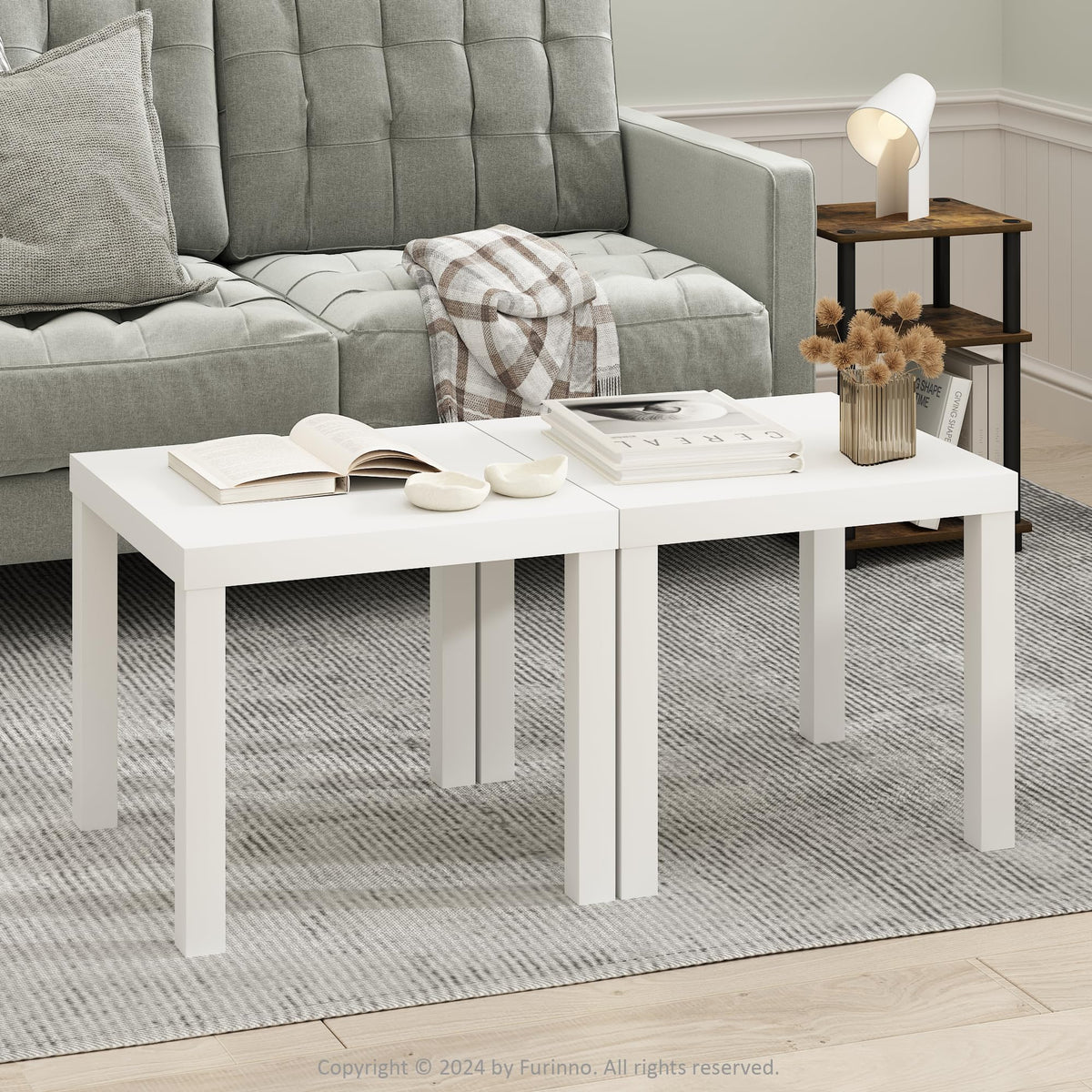 Furinno CLASSIC Coffee Table Set of 2, Square Modern Coffee Table with 1.8 Thick Tabletop, Side Table with 4 Legs, for Living Room, Bedroom