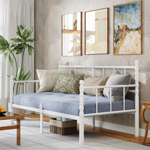 QFtime Single Metal Day Bed Frame - Day Bed Frame with Headboard and Steel Slat Support Underbed Storage Easy Assembly, Noise Free White