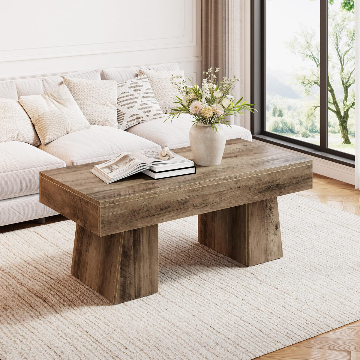 LITTLE TREE Farmhouse Coffee Table, 47 Inches Wooden Rectangular Accent Center Tables with Thick Base