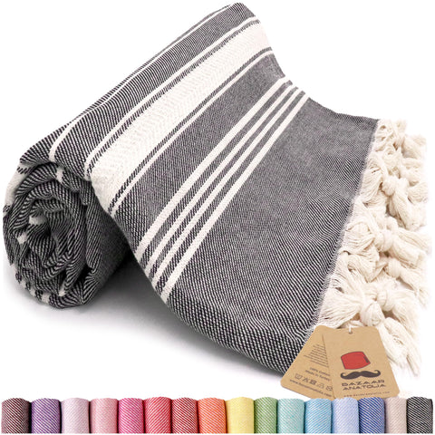 Bazaar Anatolia Stripe Turkish Towel 100% Cotton Peshtemal 75x38 XL Oversized Bath Beach Sand Free Travel Shower Bathroom Pestemal Soft Thin