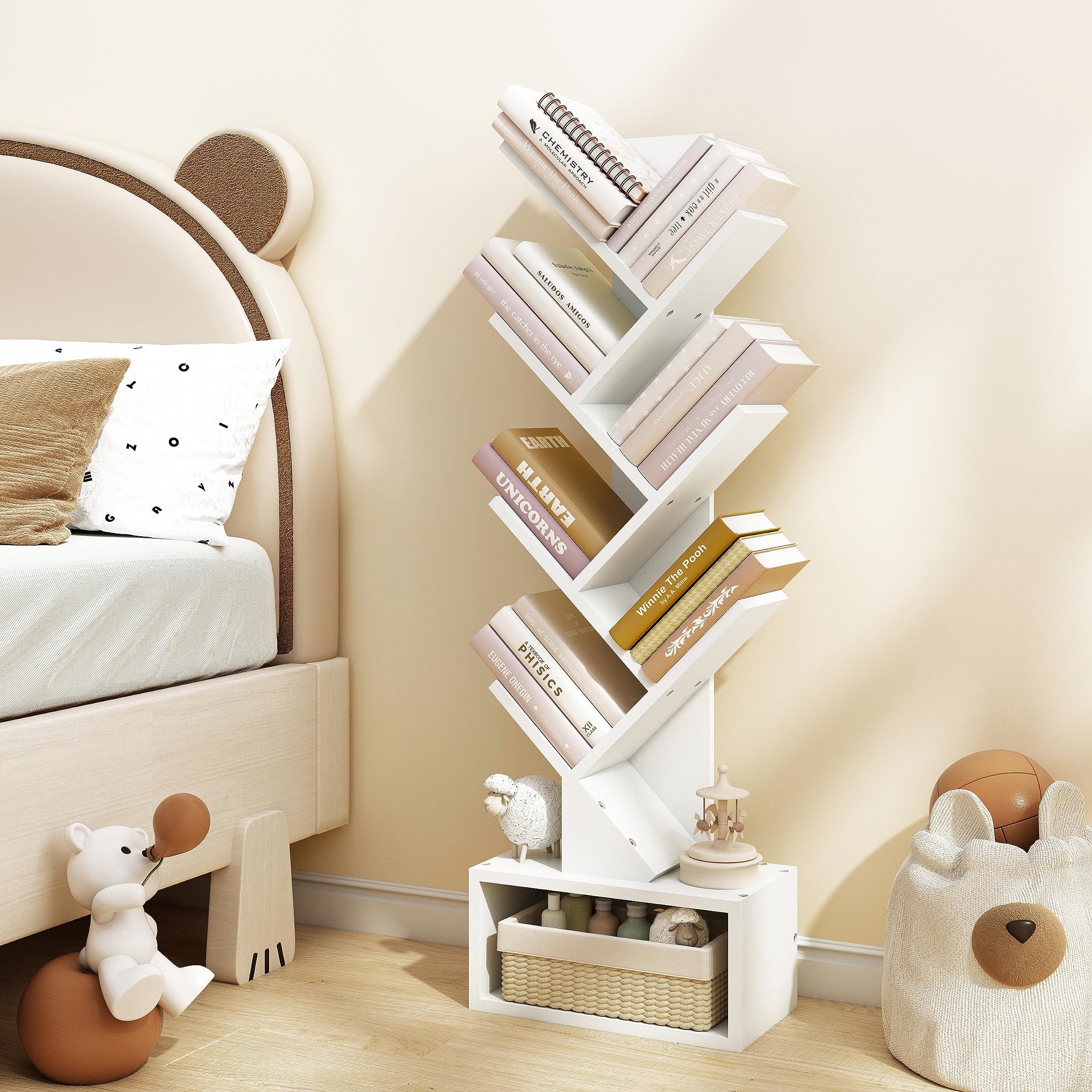 Hoctieon 6 Tier Tree Bookshelf, Tall Bookcase with Drawer, Freestanding Book Shelf, Display Floor Standing Storage Shelf