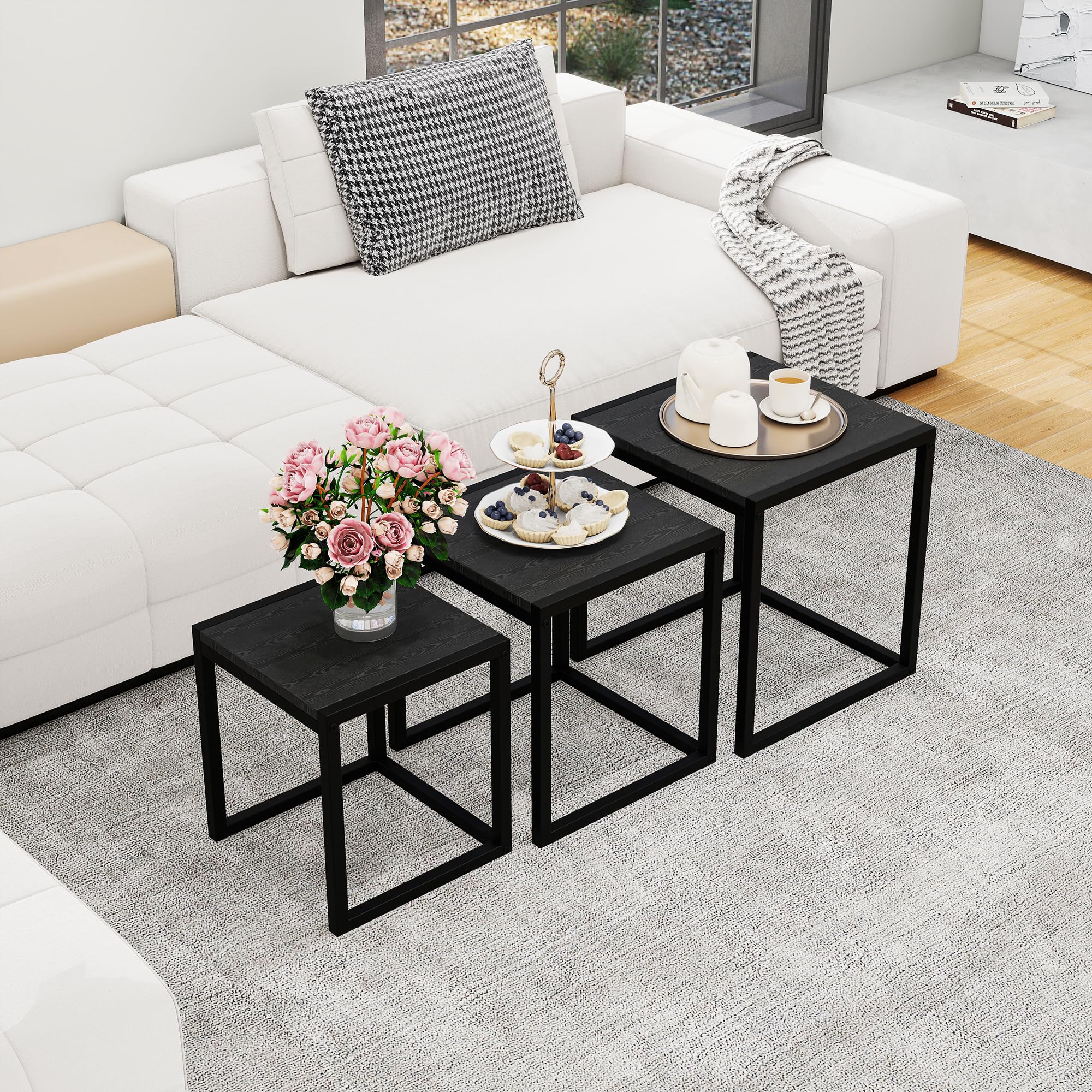 HAHRIR Nesting Coffee Table Set of 3, Stacking Metal Side Tables, Black