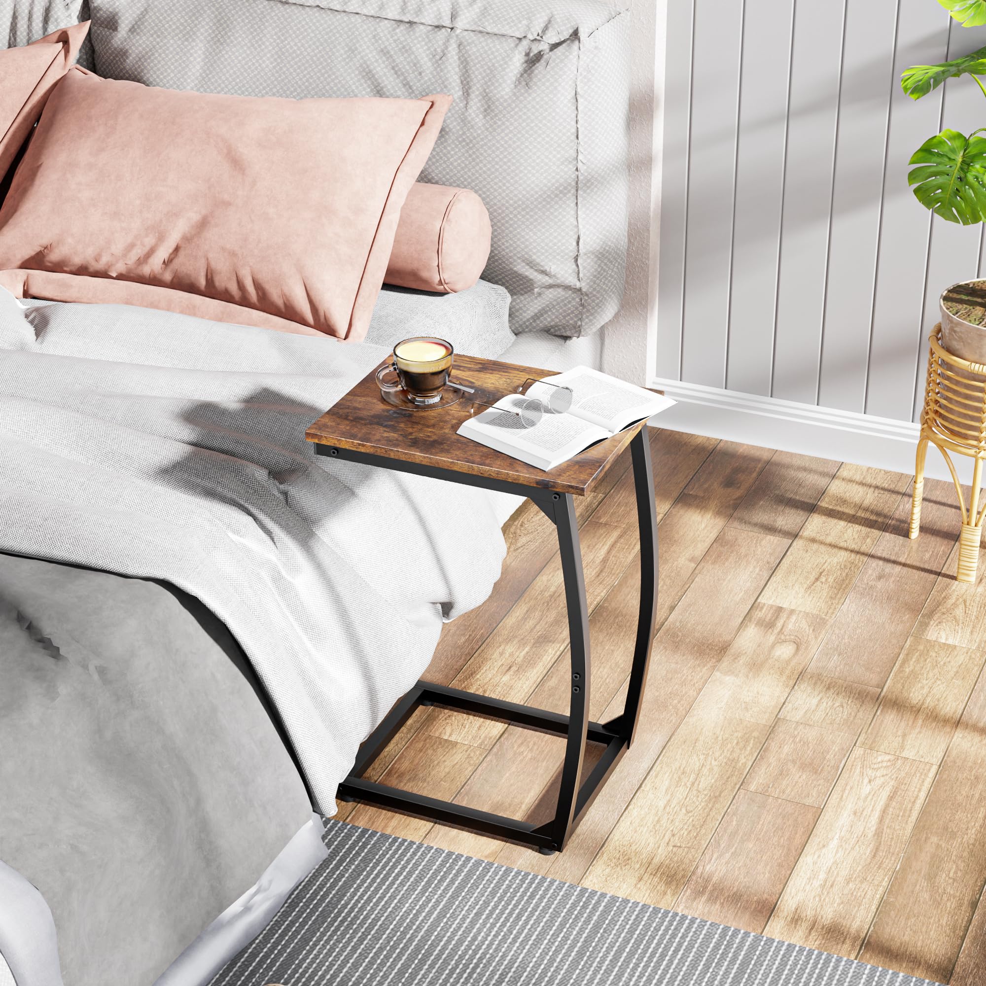 LAKEMID C Shaped Side Table,C Table End Table,Small Sofa Table with Metal Frame,Couch Table for Small Spaces, TV Tray Table for Living Room Bedroom