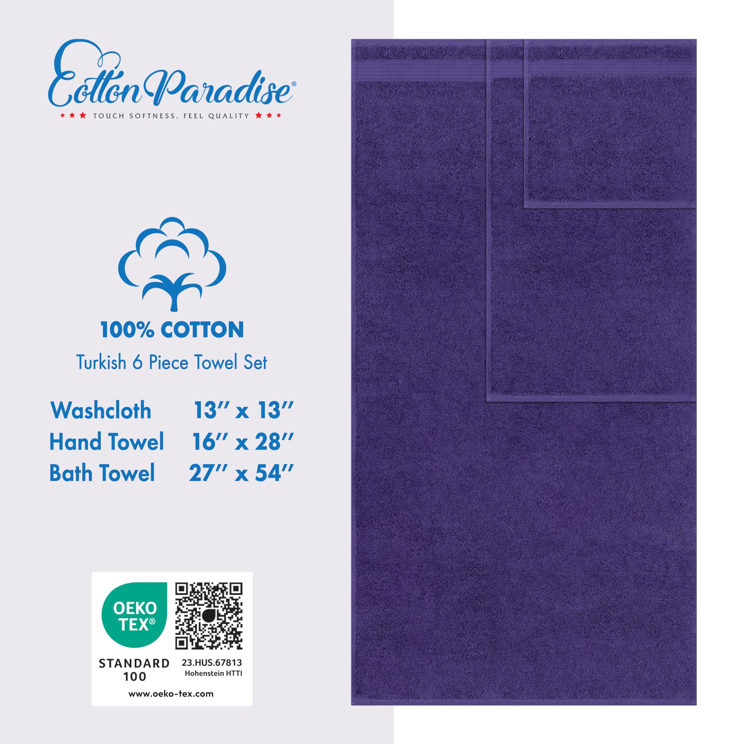 Cotton Paradise 6 Piece Towel Set, 100% Cotton Soft Absorbent Turkish Towels for Bathroom, 2 Bath Towels 2 Hand Towels 2 Washcloths, Purple Towel Set