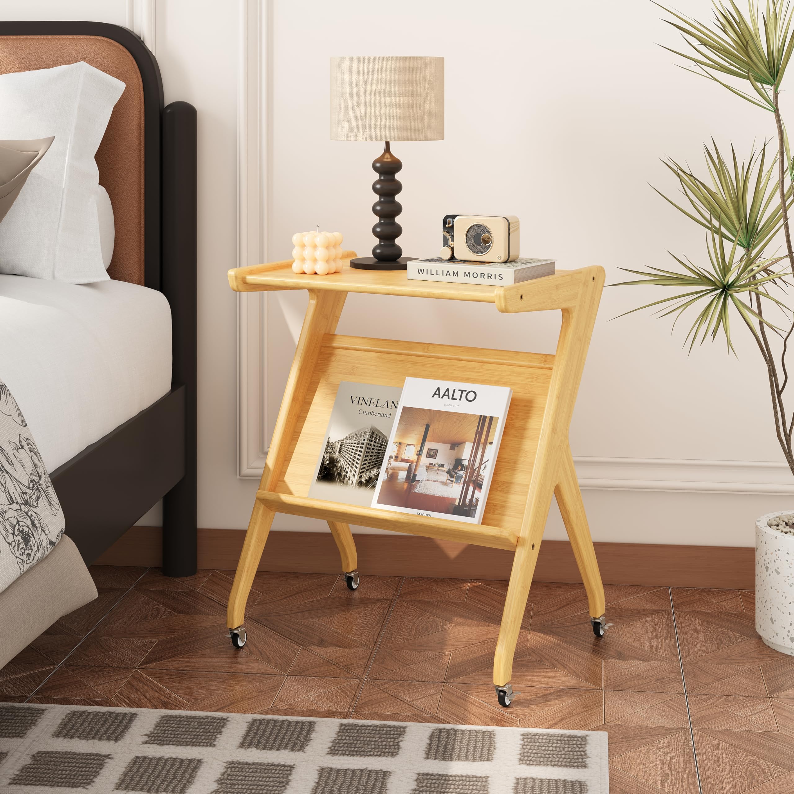 Hunlostten Bamboo Side Table with Casters Storage, Living Room Bedside Tables for Bedroom, Wood End Tables Home Office Sofa Table Nightstand