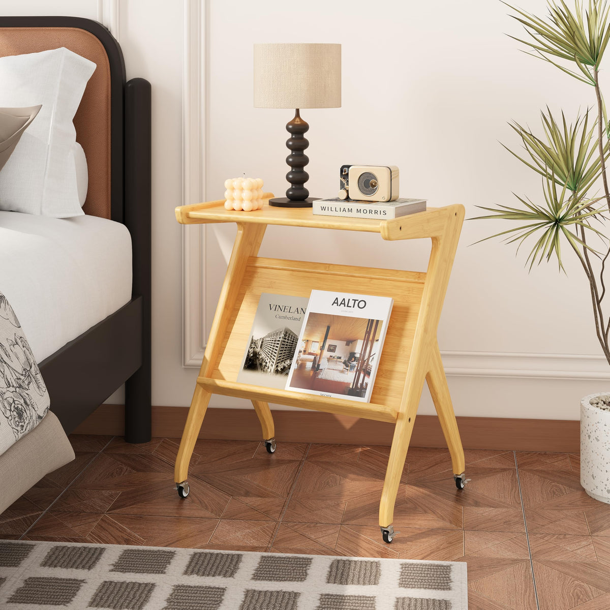 Hunlostten Bamboo Side Table with Casters Storage, Living Room Bedside Tables for Bedroom, Wood End Tables Home Office Sofa Table Nightstand