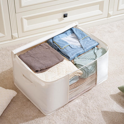 TYEERS Large Storage Bags with Zip and Clear Window, Cotton Blended Fabric Storage Containers for Seasonal Clothes and Bedding, 60x40x35 cm, 4-Pack