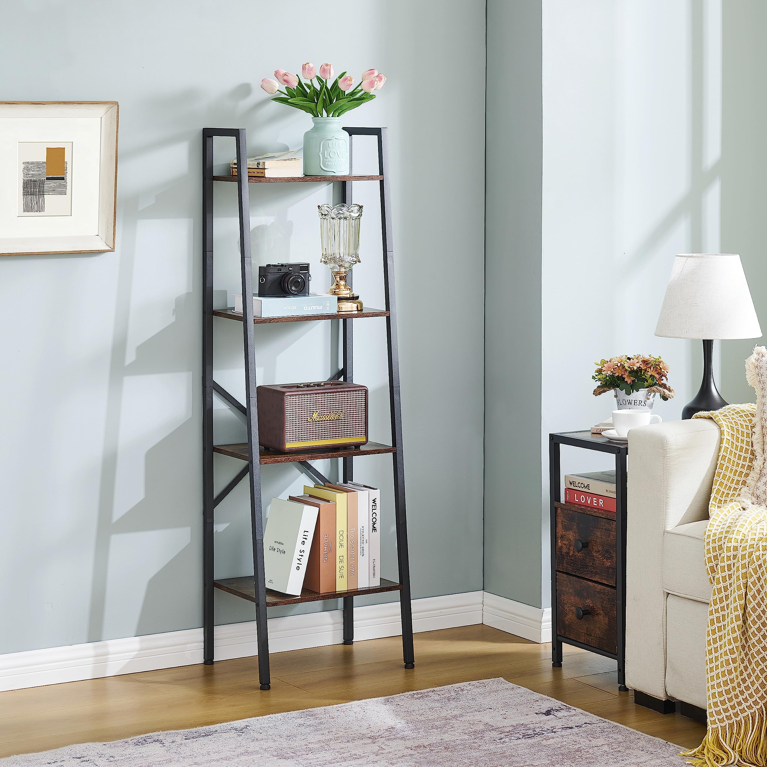 Hoctieon 4-Tier Industrial Ladder Bookshelf, Narrow Ladder Shelf, Tall Standing Bookshelf, Skinny Open Ladder Shelf, for Living Room, Home Office