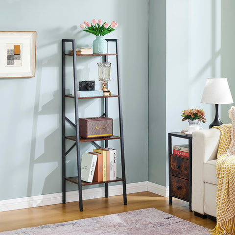 Hoctieon 4-Tier Industrial Ladder Bookshelf, Narrow Ladder Shelf, Tall Standing Bookshelf, Skinny Open Ladder Shelf, for Living Room, Home Office