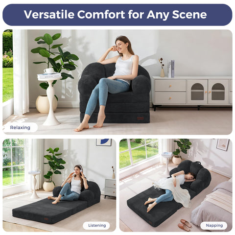 MAXYOYO Folding Sofa Bed with Backrest, Floral Shaped 2 in 1 Convertible Sofa to Comfy Faux Fur Bean Bag Chair for Adults