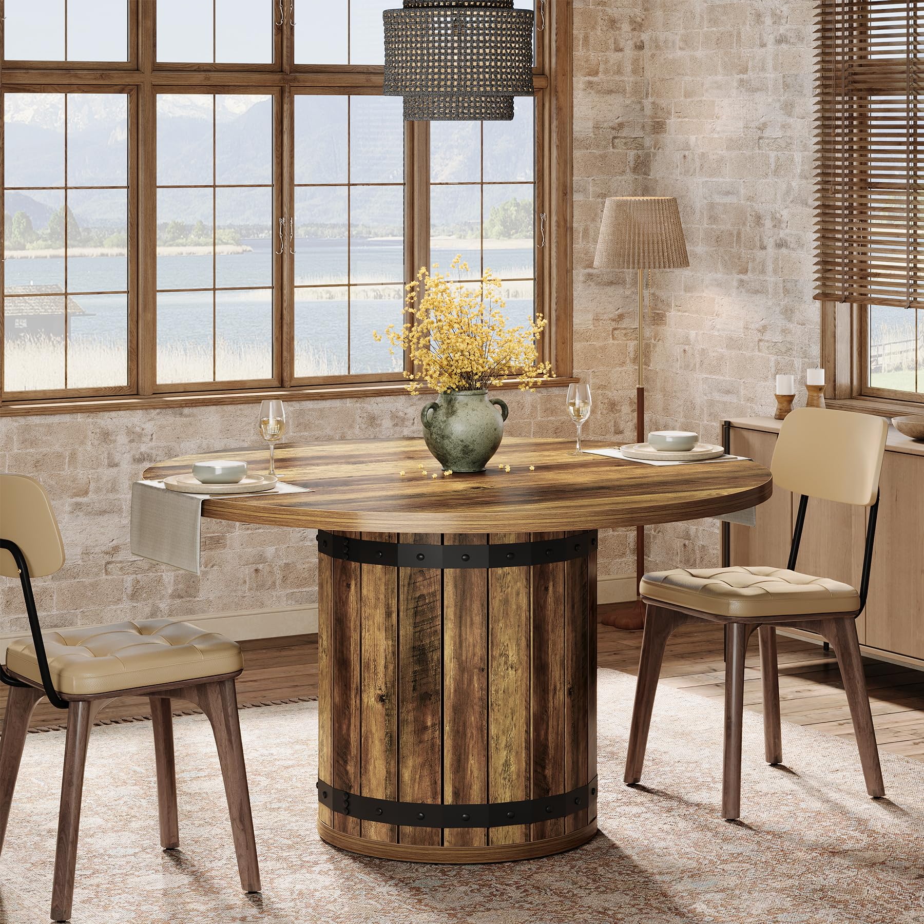 Tribesigns Round Dining Table for 4, 100cm Farmhouse Kitchen Table with Pedestal Base, Space-Saving Dinner Table for Small Dining Room, Living Room