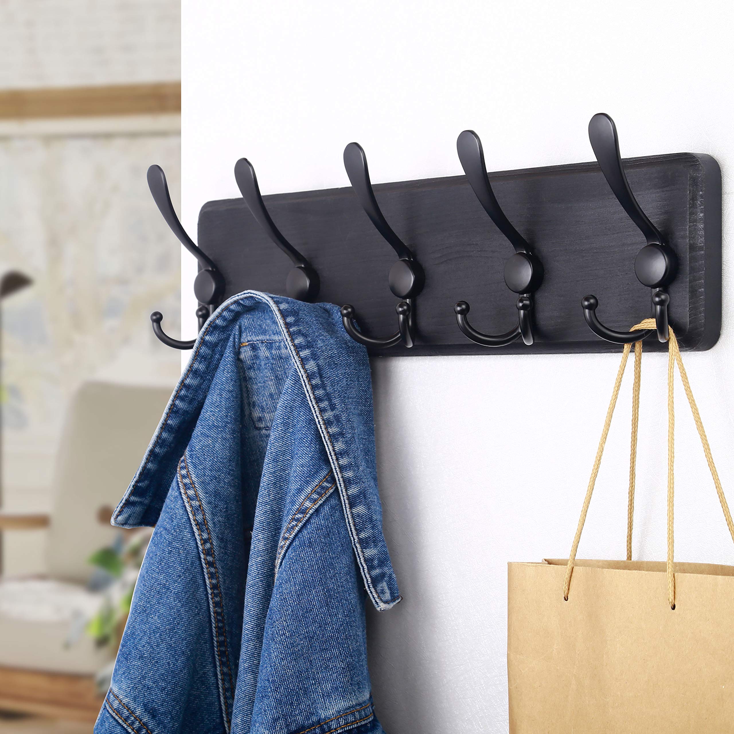 SKOLOO Coat Rack Wall Mounted - Wooden, Heavy Duty, Rustic Coat Hooks for Wall, 16'' Hole to Hole