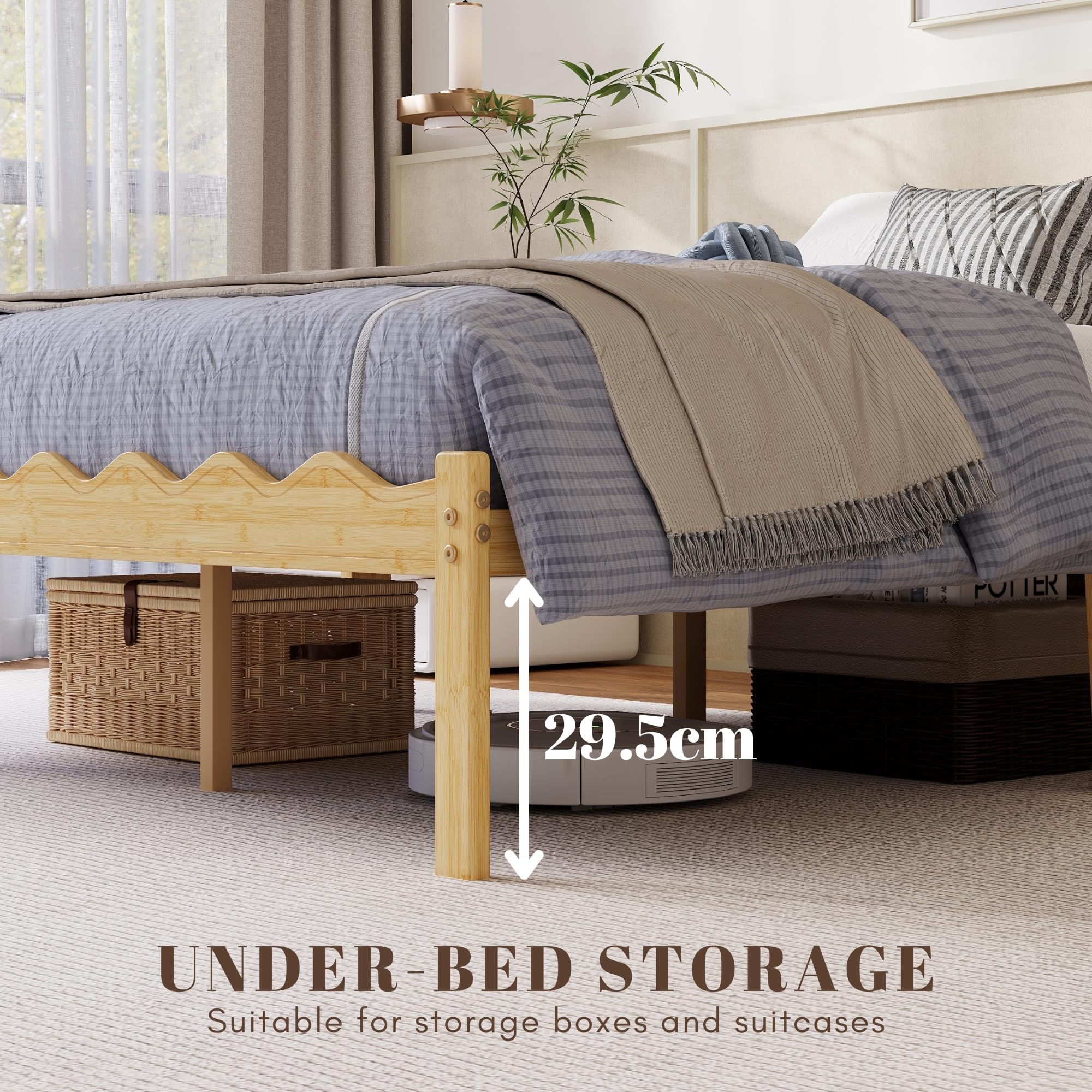 Hunlostten Wooden King Bed Frame - Modern Style Bamboo Wood Bed Frame with Headboard and Footboard Underbed Storage Slats Support Easy to Install