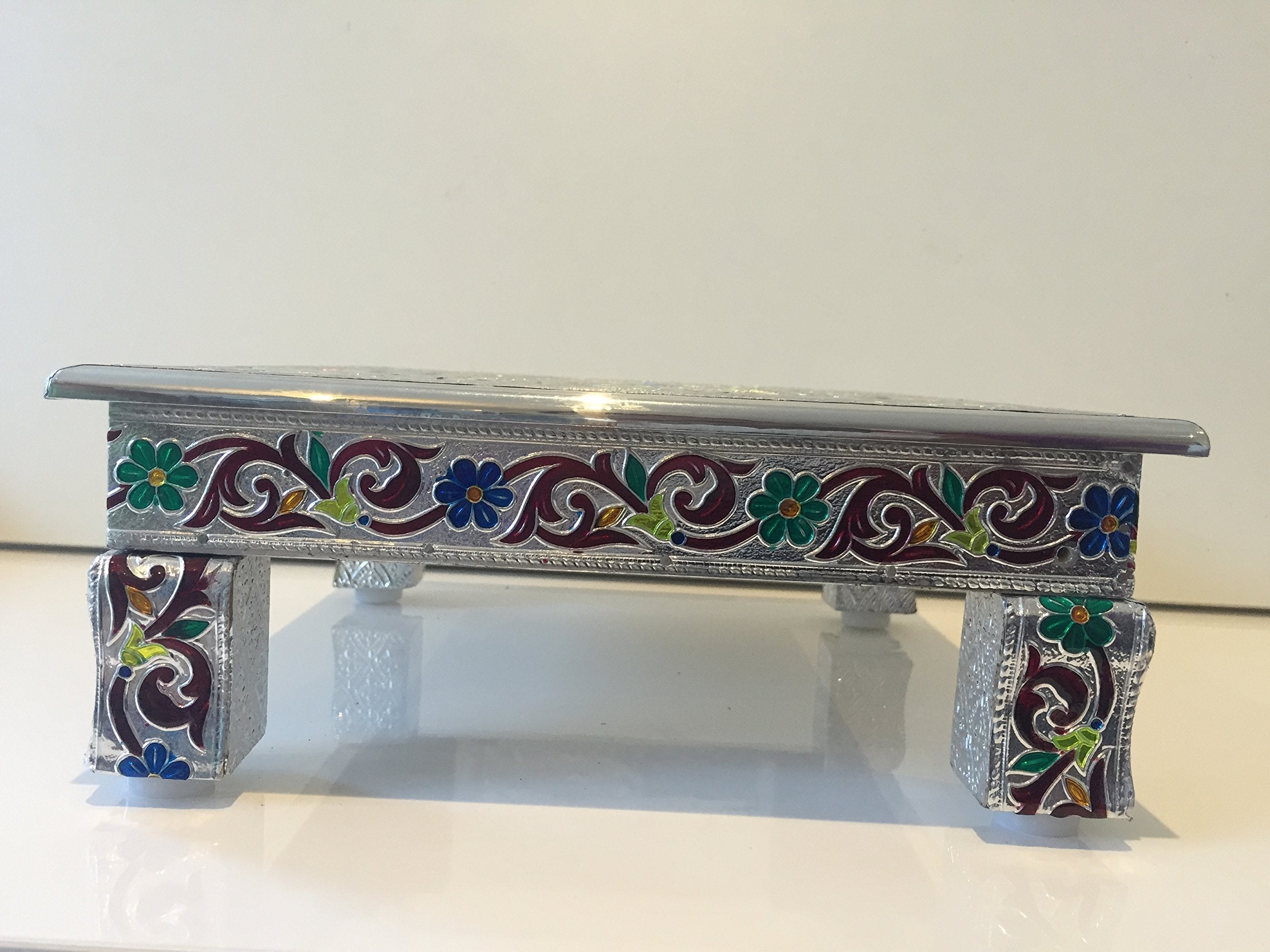 eRadius 10"x10" Aluminium Minakari Low Table Bajot Bajath Hindu Pooja
