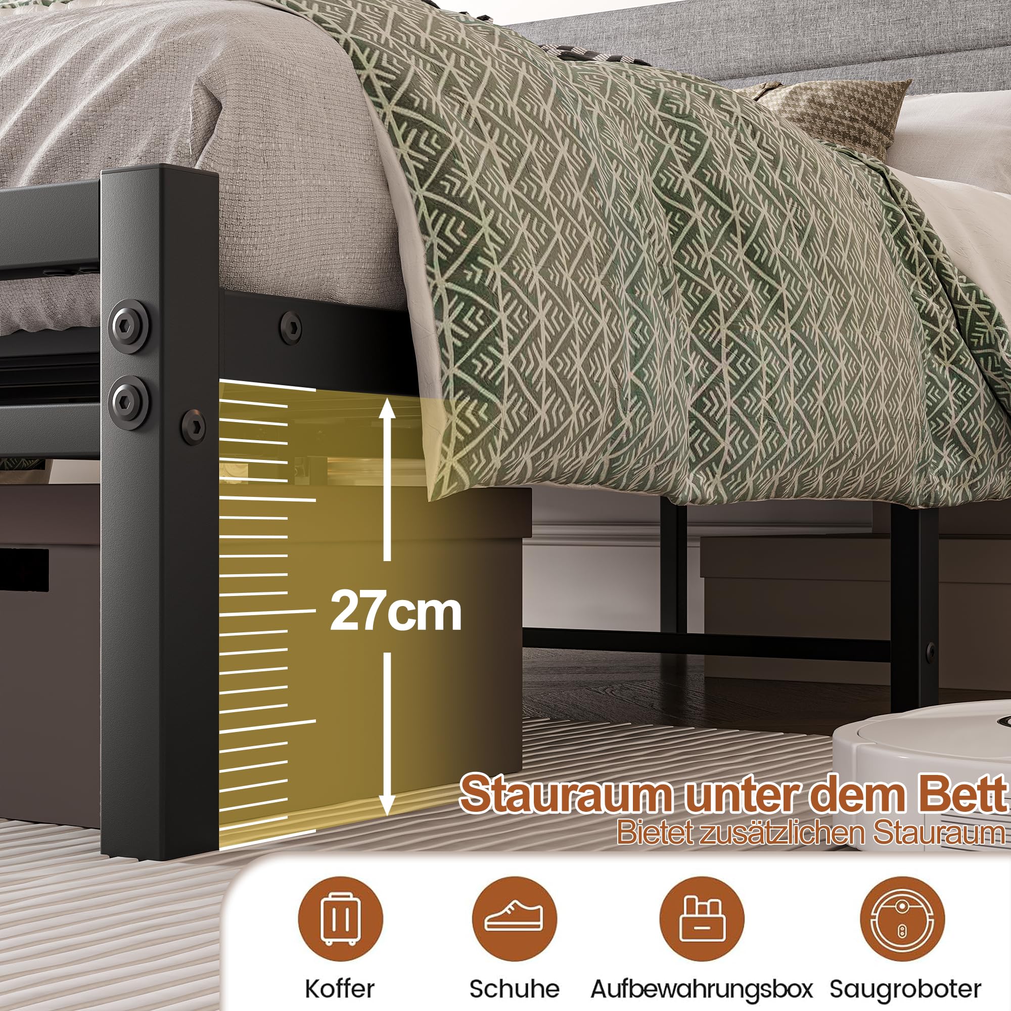 JUISSANO Upholstered Bed 120 x 200 cm Bed Frame Youth Bed Frame Bed 120 x 200 cm with Metal Slatted Frame, Padded Pedestal, Modern Single Bed