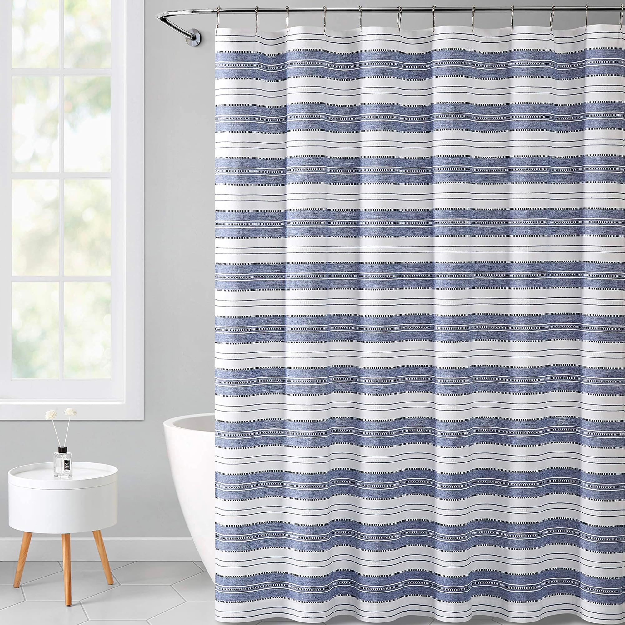 Serafina Home Nautical Chambray Blue and White Fabric Shower Curtain: Cotton Luxury Hotel Stripe with Detailed Eyelet Decorative Weave (Navy)