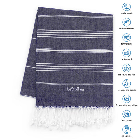 LeStoff 2 Hammam Towels/Beach Towels, 100% Organic Cotton, 95x180, Navy/Red