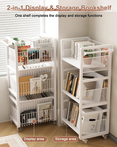 Ornestia Book Trolley,Mobile Bookshelf Organiser with Lockable Wheels,White
