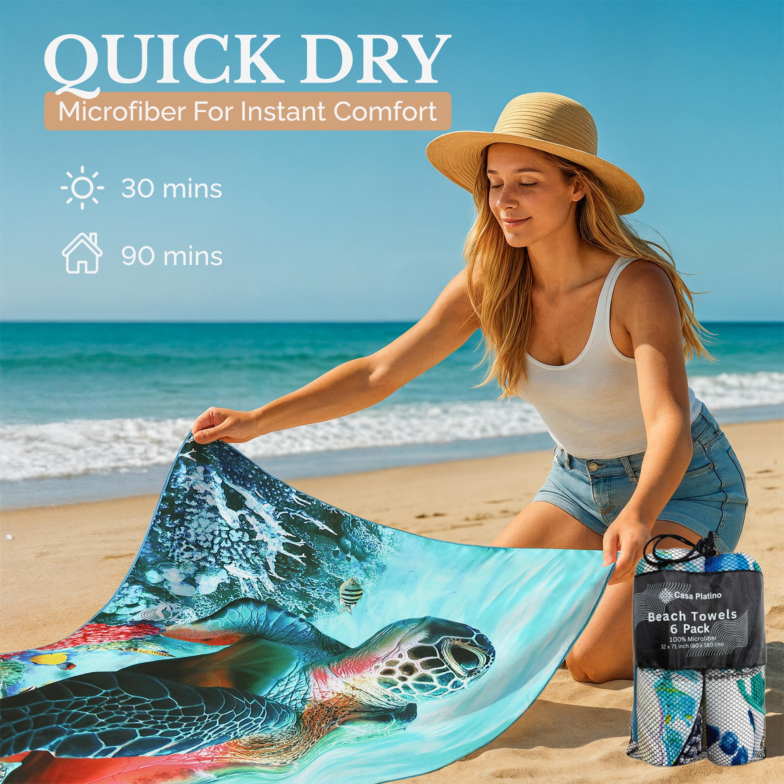 Casa Platino 6-Pack Oversized Microfiber Beach Towels – 71"x32" Sand-Free, Lightweight & Quick-Dry – Double-Sided Printed Pool, Travel