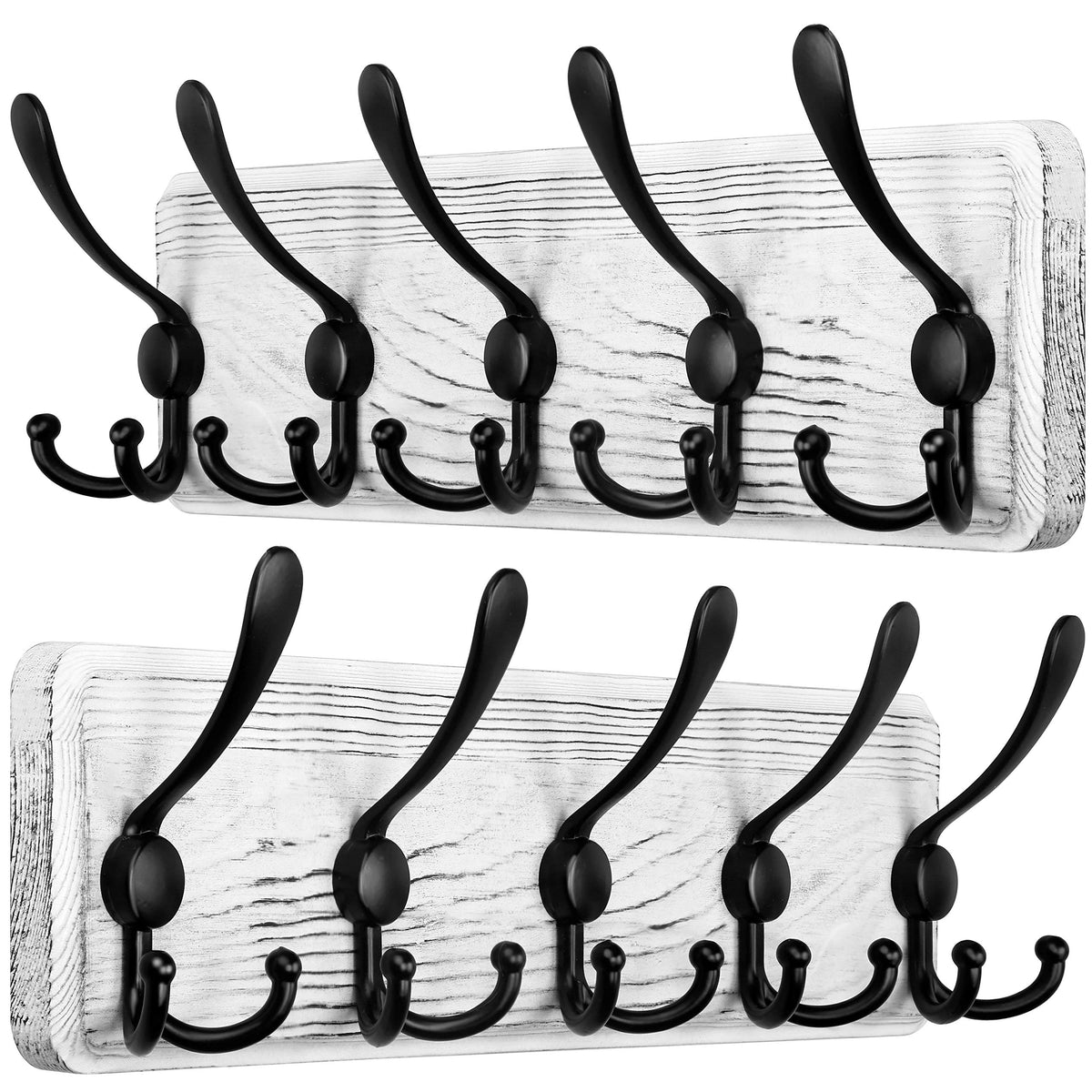 SKOLOO Coat Rack Wall Mounted - Pack of 2, Wooden, Heavy Duty, Rustic Coat Hooks for Wall, Wall Coat Rack with 5 Triple Hooks for Hanging Clothes