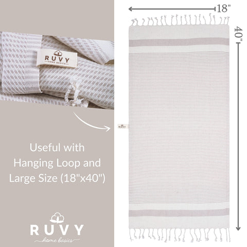 Ruvy Home Basics Turkish Hand Towels Set of 2 | 16x40 inches, 100% Turkish Cotton | Bathroom, Kitchen, Yoga, Gym, Spa, Tea, Dishcloth, Face - Beige