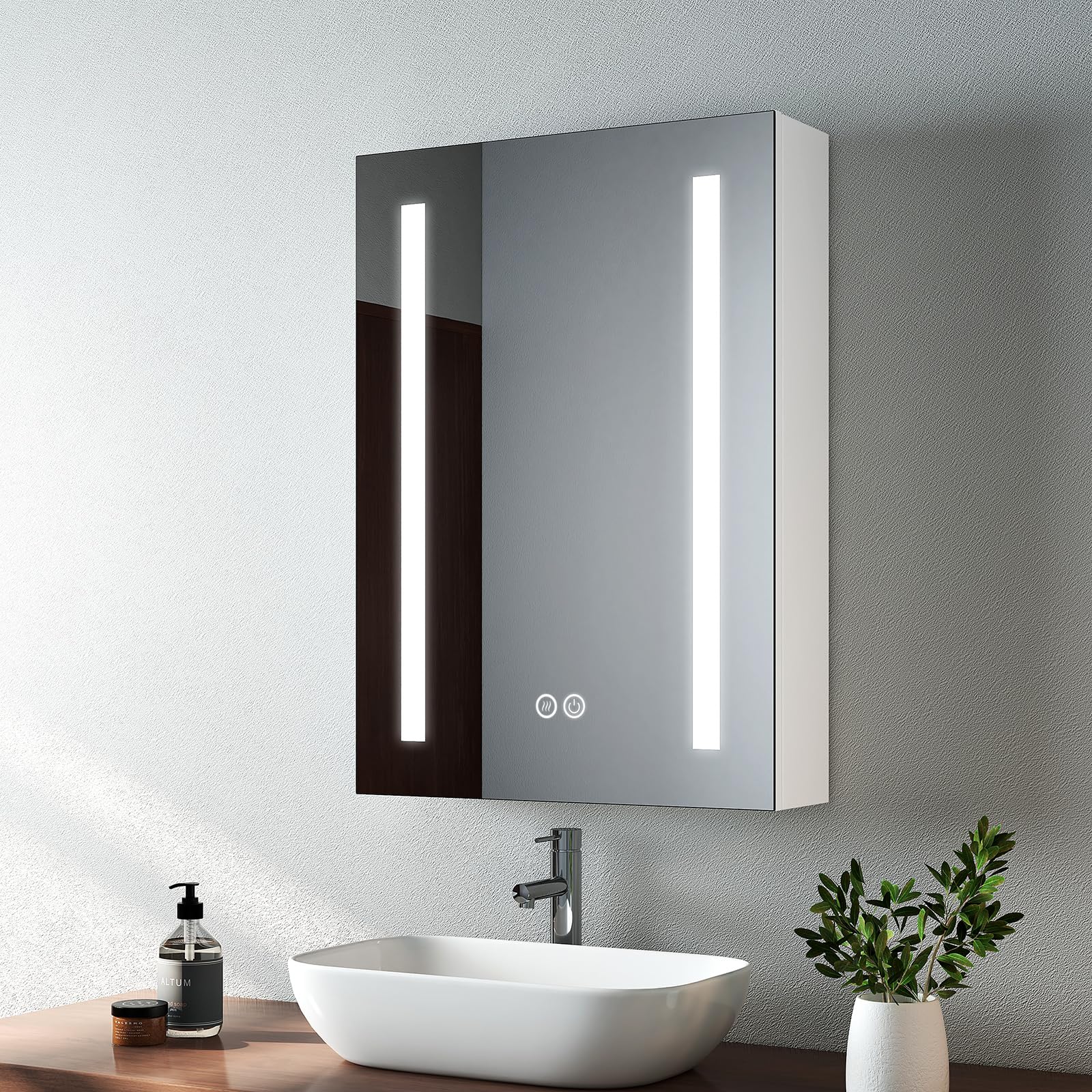 EMKE Led Bathroom Mirror Cabinet, Bathroom Wall Mirror Cabinet with Led Lights with Shaver Socket, Illuminated Mirror Cabinet with Dimmable