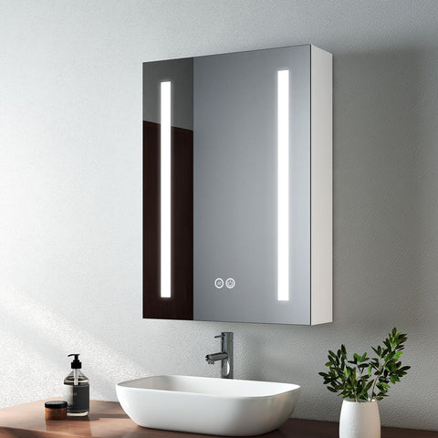 EMKE Led Bathroom Mirror Cabinet, Bathroom Wall Mirror Cabinet with Led Lights with Shaver Socket, Illuminated Mirror Cabinet with Dimmable