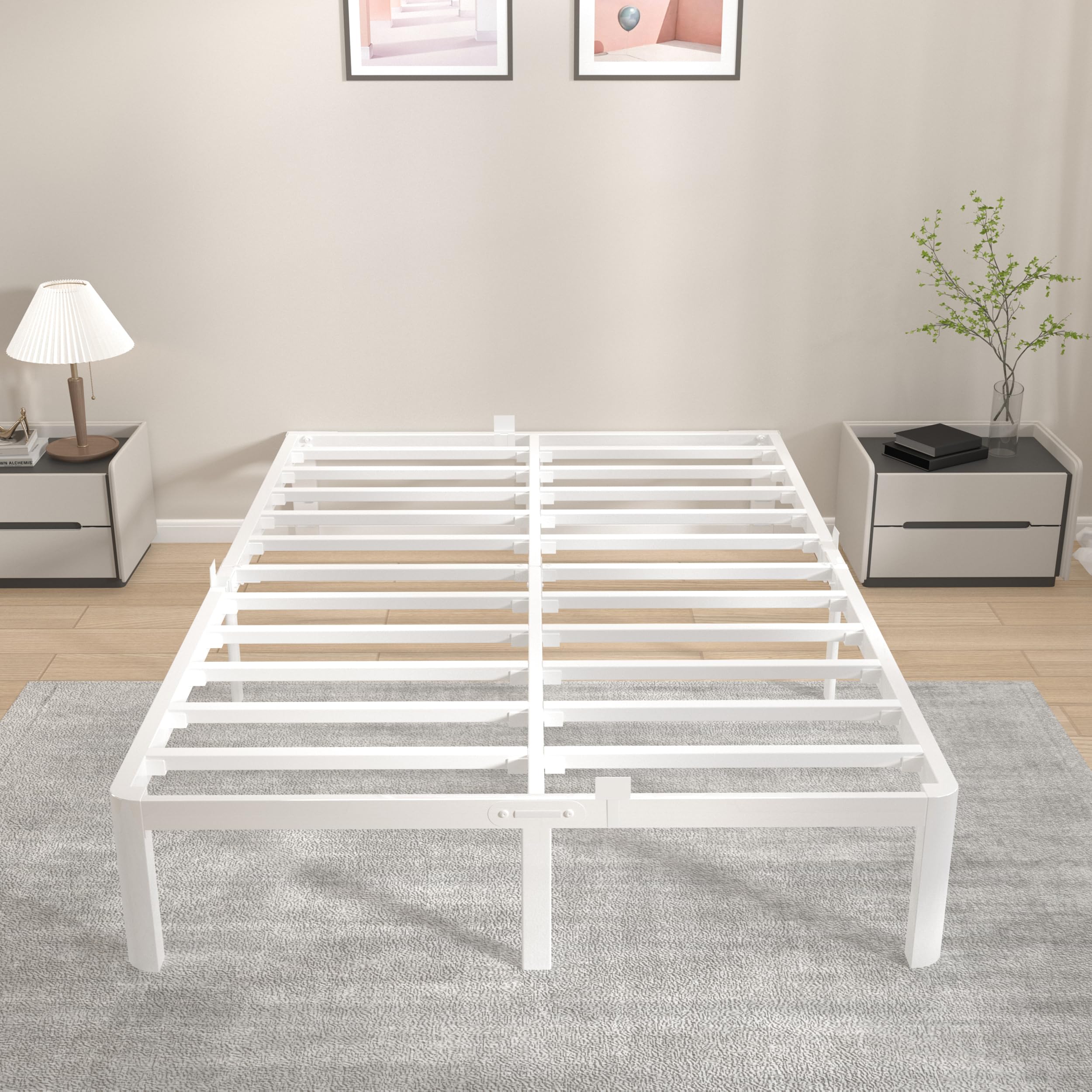 KVLKBV Double Bed Frame 135 x 190 cm, White Bed Frame with Metal Anti-slip Gasket and Large Storage Space Under Bed - Suitable for Bedroom