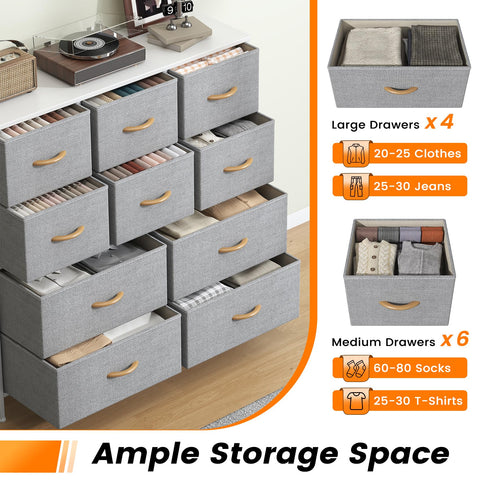 Feonase Chest of Drawers, Bedroom Tall Dresser with 10 Fabric Drawers, Metal Frame & MDF Wood Top, Adjustable Feet