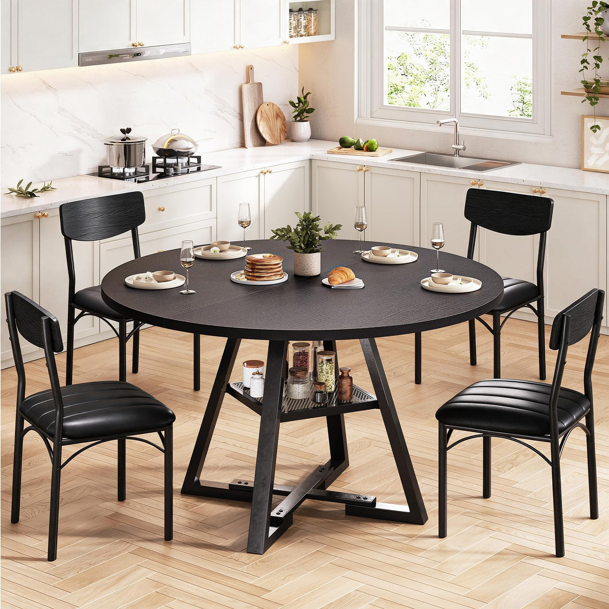 Jocoevol Round Dining Table and 4 Chairs Set of 4-6, Circle Dinner Table with Shelves, Space Saving Wood Kitchen Room Furniture (Black, 47 inch)
