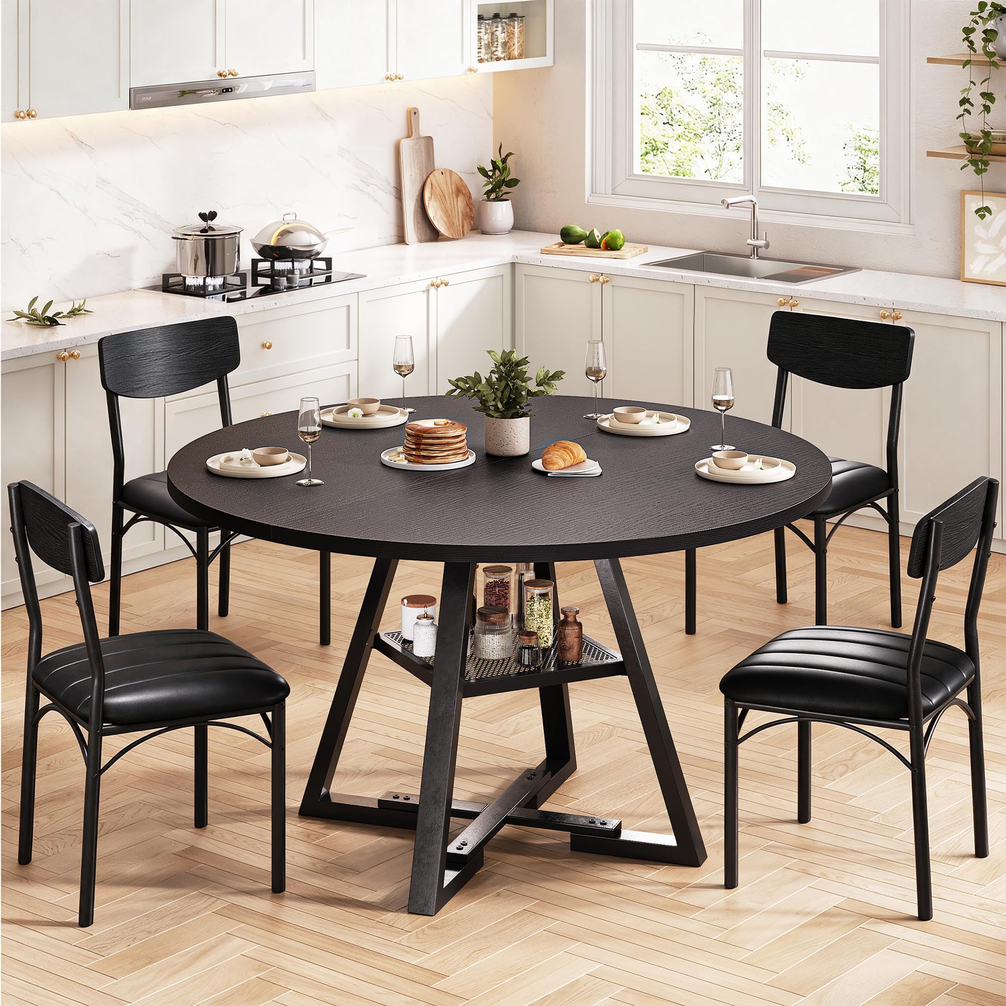 Jocoevol Round Dining Table and 4 Chairs Set of 4, Circle Dinner Table with Shelves, Space Saving Wood Kitchen & Dining Room Furniture