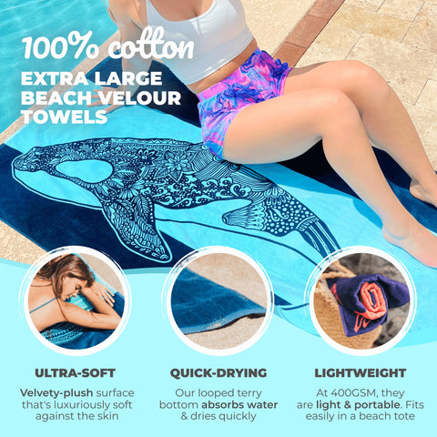 Nova Blue Orca (34 X 63) – Navy & Blue Colorway with Tropical Whale Design Travel Beach Towel Made from 100% Cotton – Vibrant Colorful Blanket Towel