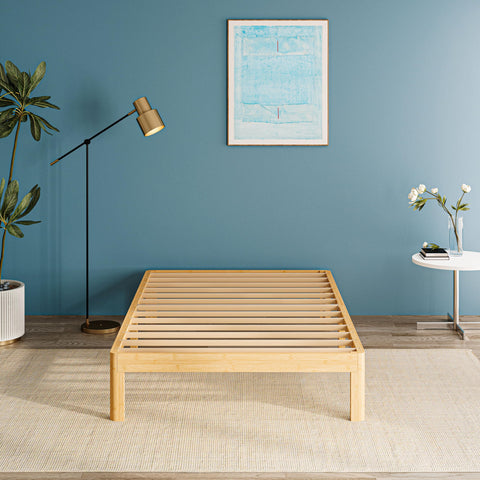QFtime Bamboo Wood Single Bed Frame, Platform Bed Frame Single with Metal Slats Support, Easy to Install, Noise Free, Sturdy, 30.5 cm High