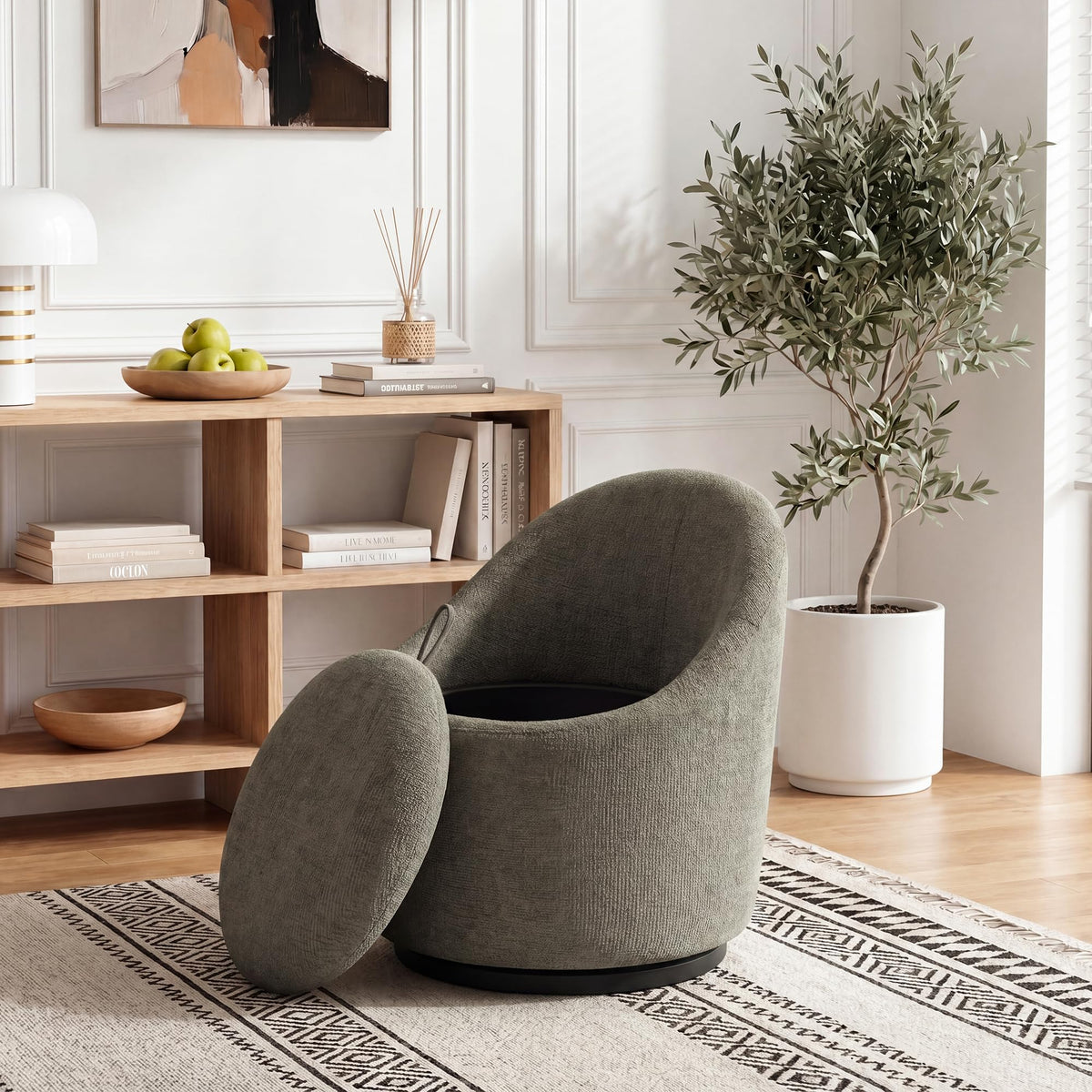 Barrel Swivel Accent Chair with Hidden Storage, 360° Rotating Lounge Chair, Upholstered Breathable Fabric, High Density Foam Seat