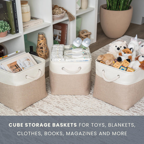 OrganiHaus Fabric Storage Boxes, Set of 4 Foldable 28x28 Cube Organiser Bins with Rope Handles for Shelves, Nursery & Closet