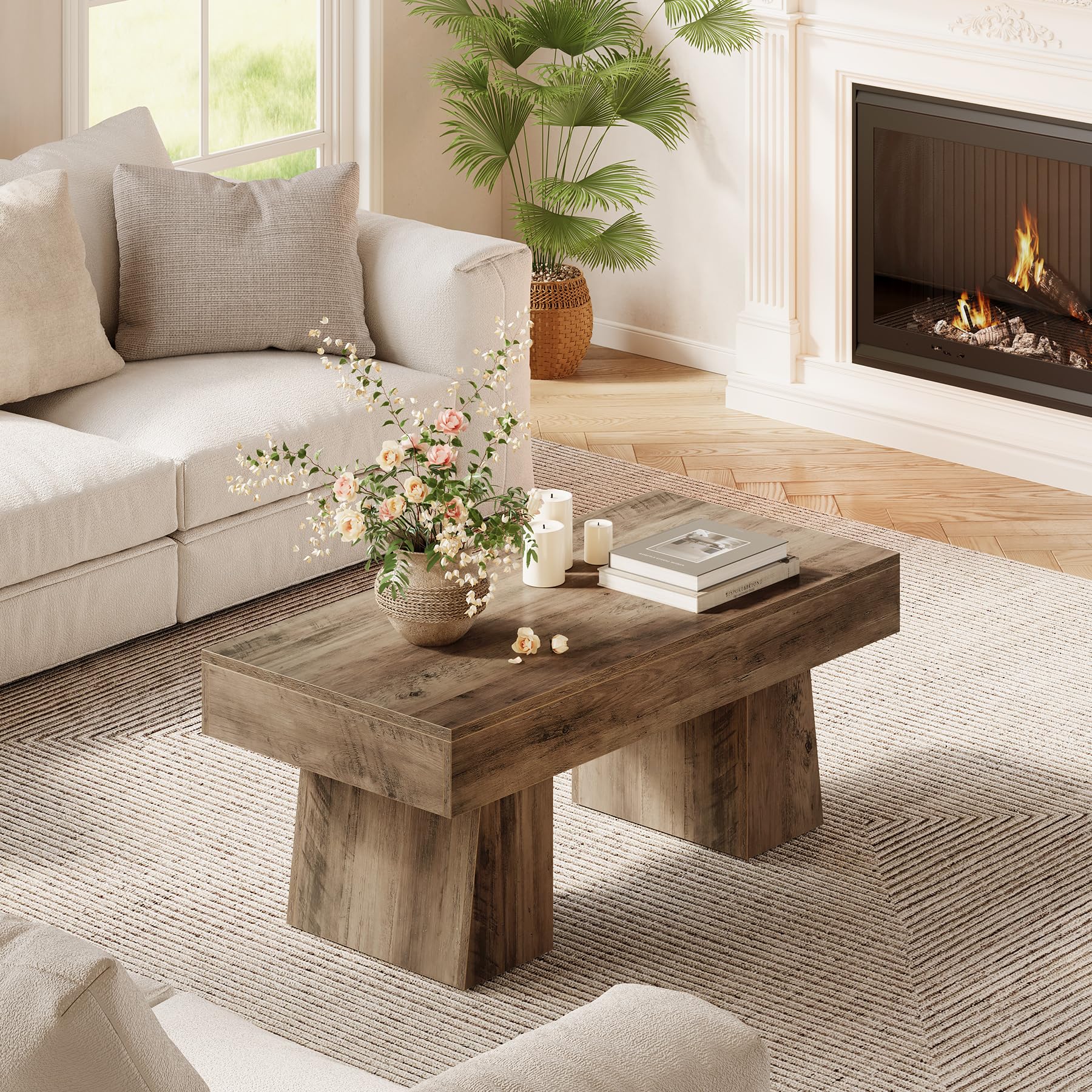 LITTLE TREE Farmhouse Coffee Table, 47 Inches Wooden Rectangular Accent Center Tables with Thick Base