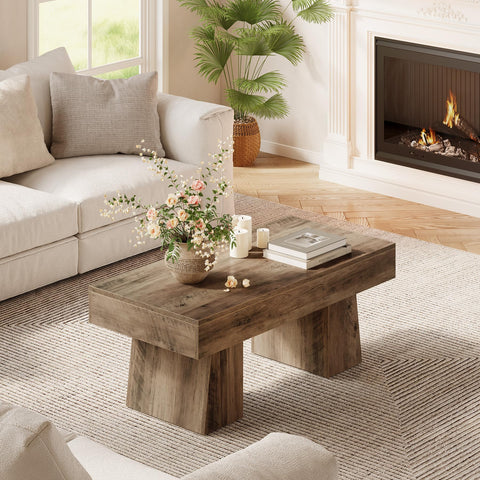 LITTLE TREE Farmhouse Coffee Table, 47 Inches Wooden Rectangular Accent Center Tables with Thick Base