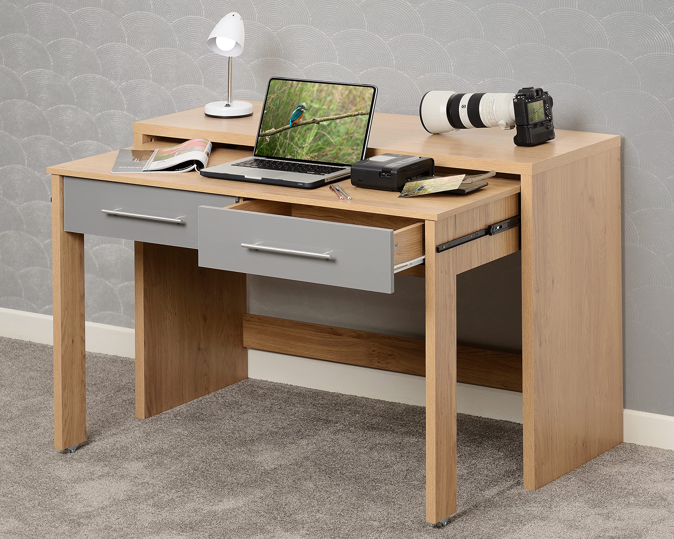 Seconique Seville 2 Drawer Slider Desk in Grey Gloss/Light Oak