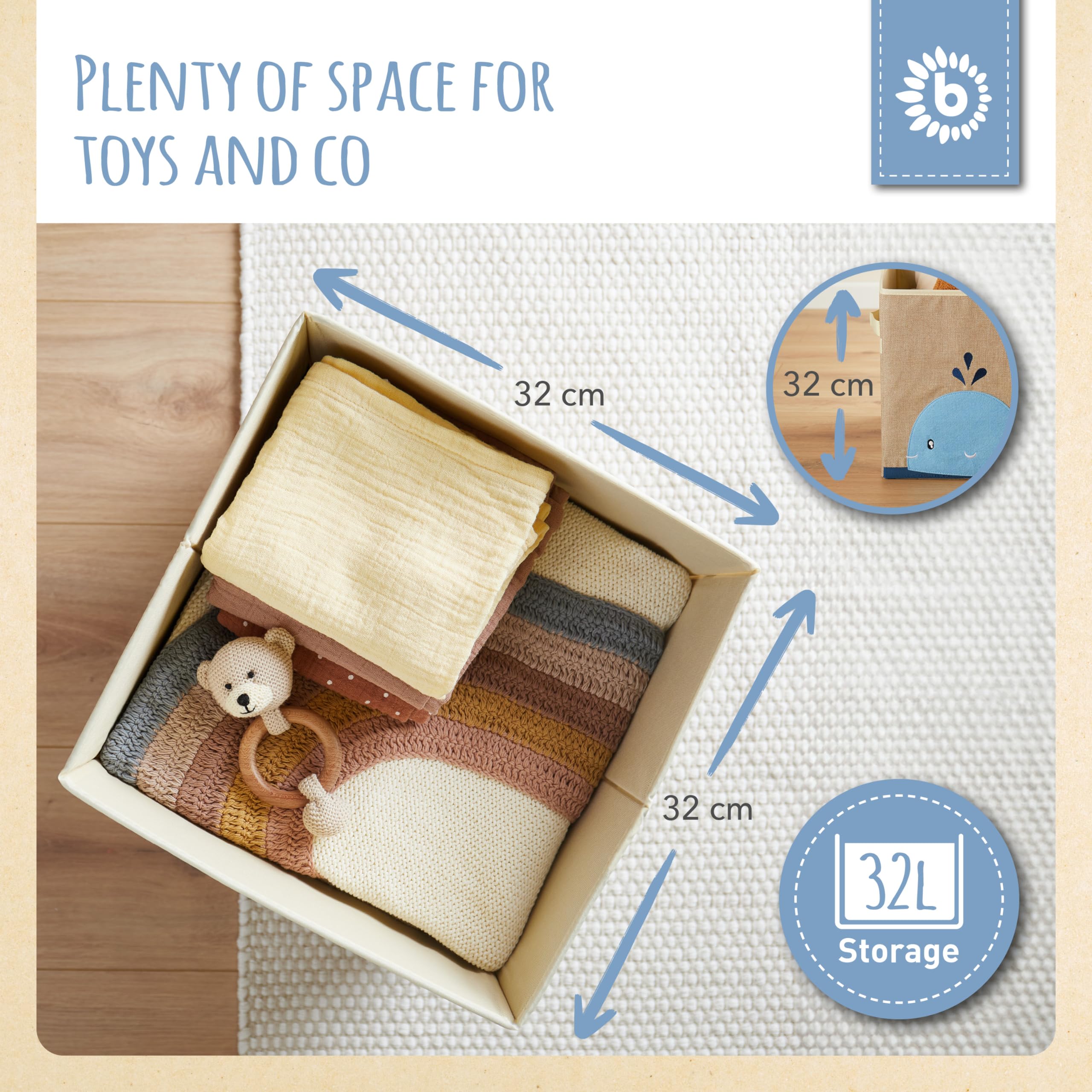 BIECO Storage Box for Kids Room | Whale Toy Storage Box | 33x33x33 cm, Fits Kallax Shelf, Toy Chests, Folding Boxes, Kids Baskets