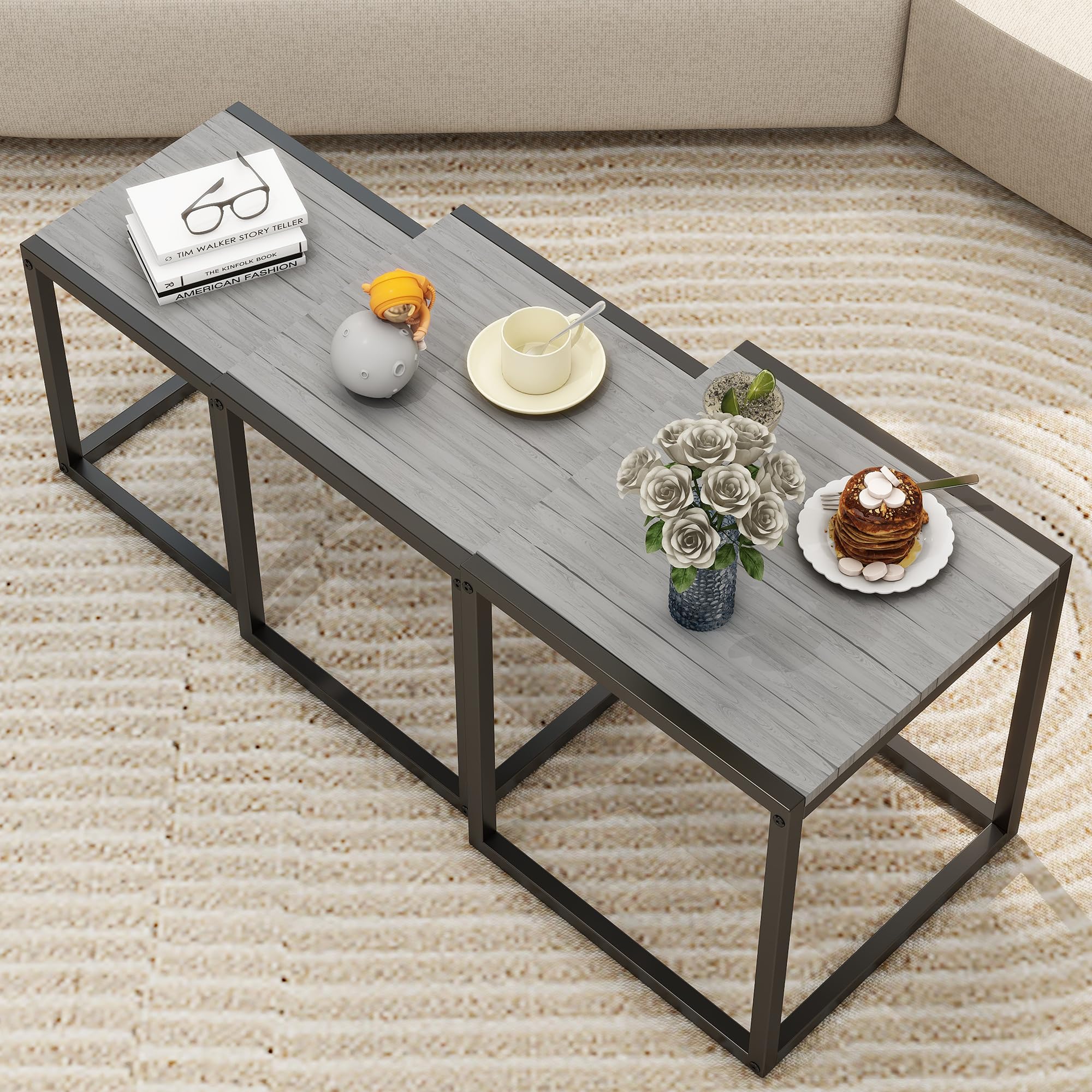 DUMEE Wooden Nesting Tables Set of 3 Coffee Table, Stacking Side End Tables for Living Room, Grey