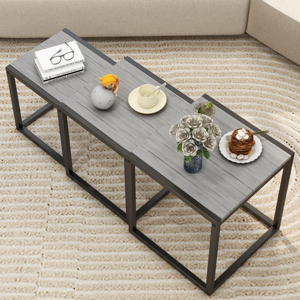 DUMEE Wooden Nesting Tables Set of 3 Coffee Table, Stacking Side End Tables for Living Room, Grey