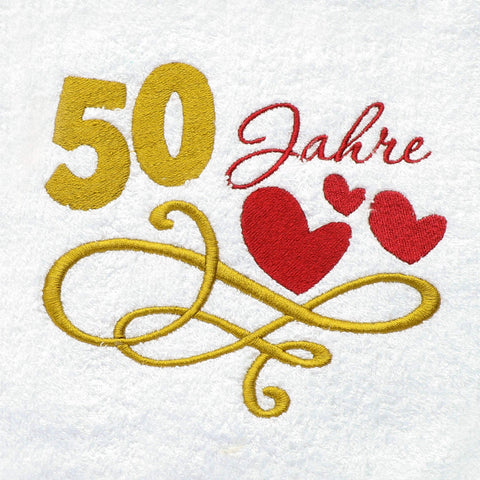 Gift Towel for 50th Birthday with Embroidered Hearts and 50 Years for Women and Ladies - 50th Anniversary Gift Idea