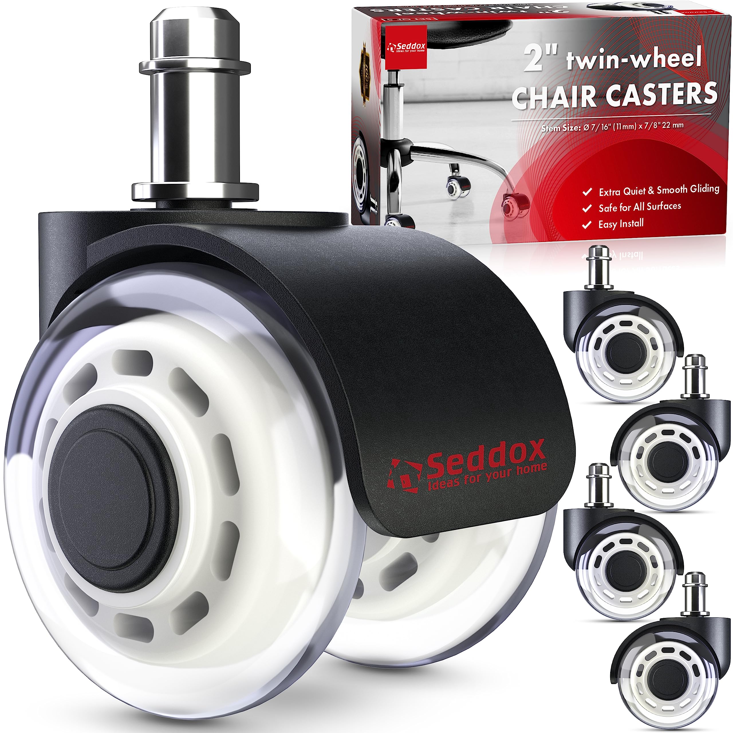 Professional Office Chair Caster Wheels Gift Set of 5 - Protect All Your Floors - 3'' Heavy Duty Replacement Rubber Chair Casters