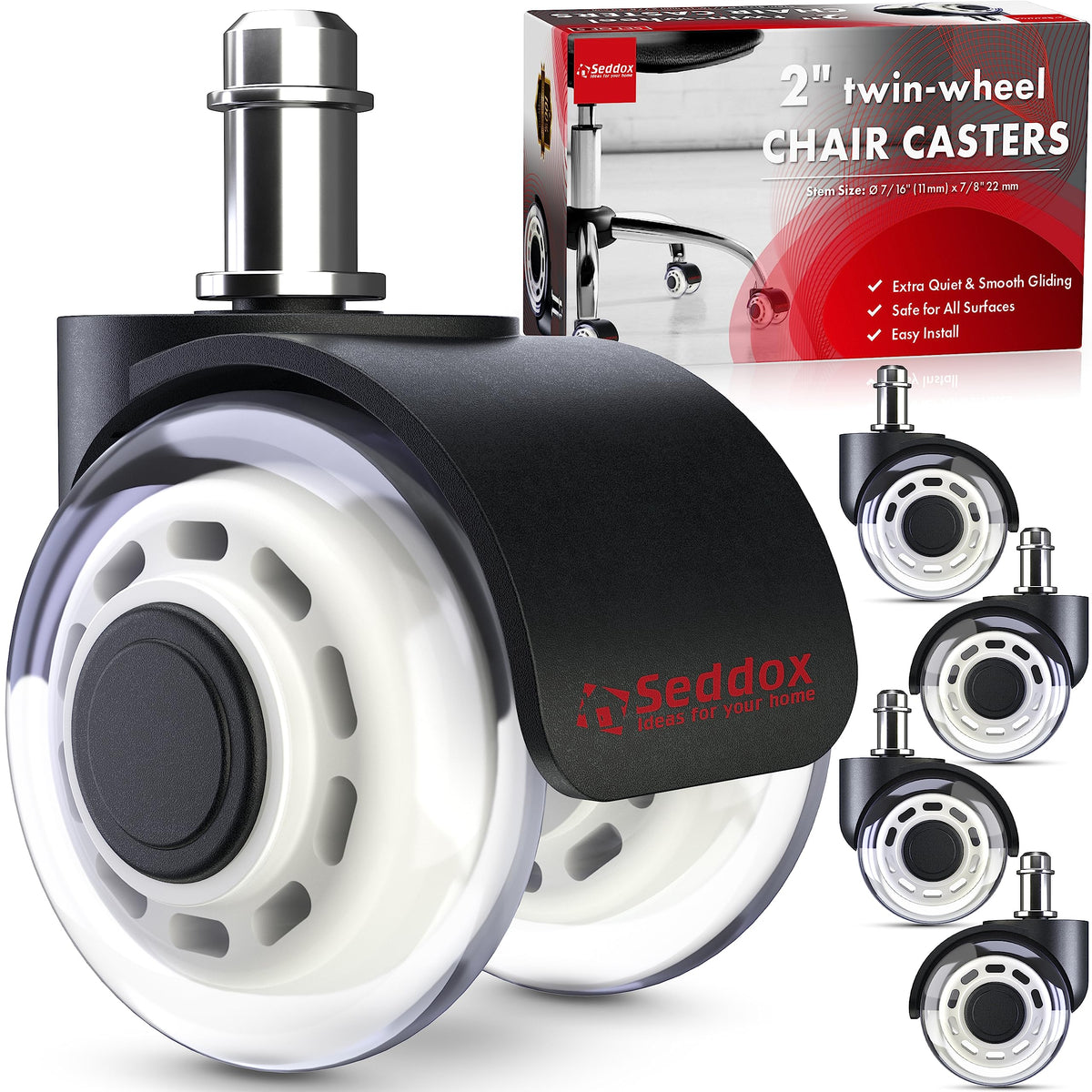 Professional Office Chair Caster Wheels Gift Set of 5 - Protect All Your Floors - 3'' Heavy Duty Replacement Rubber Chair Casters