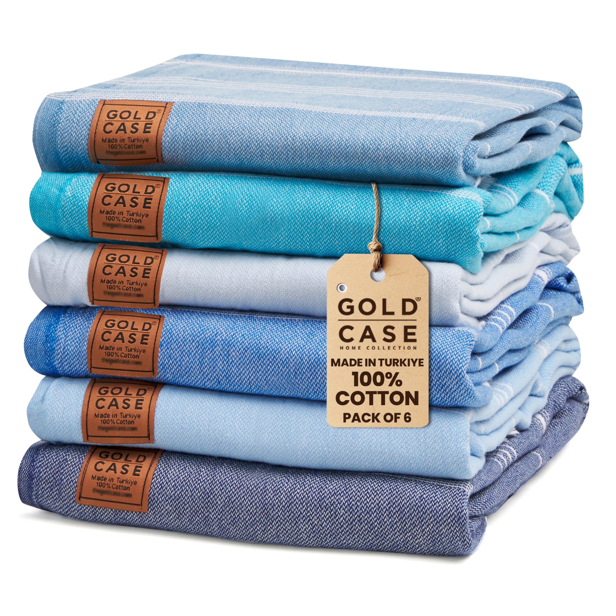 GOLD CASE - Set of 6 XXL 70x39 Inches - LYCIA Turkish Beach, Bath Towel - 100% Natural Cotton - Quick Dry, Space Saver Pestemal for Beach, Bathroom