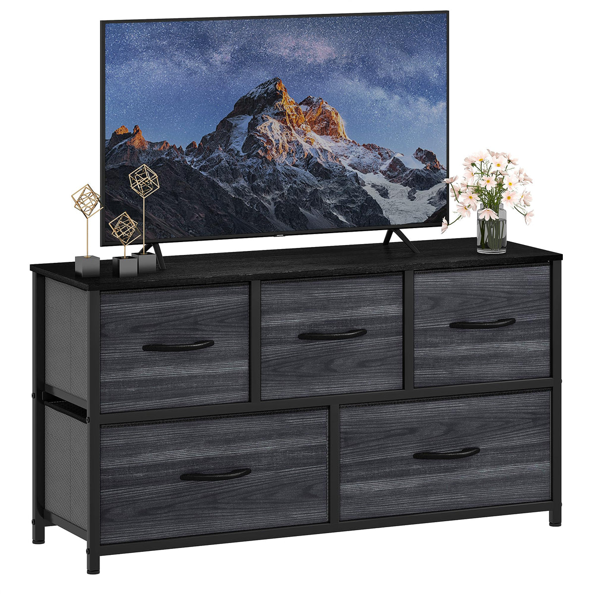 DWVO Chest of Drawers, 5 Fabric Drawers Bedroom Cabinet,Dresser for Bedroom,Living Room With Handles,Wood Top and Sturdy Steel Frame,Charcoal Black