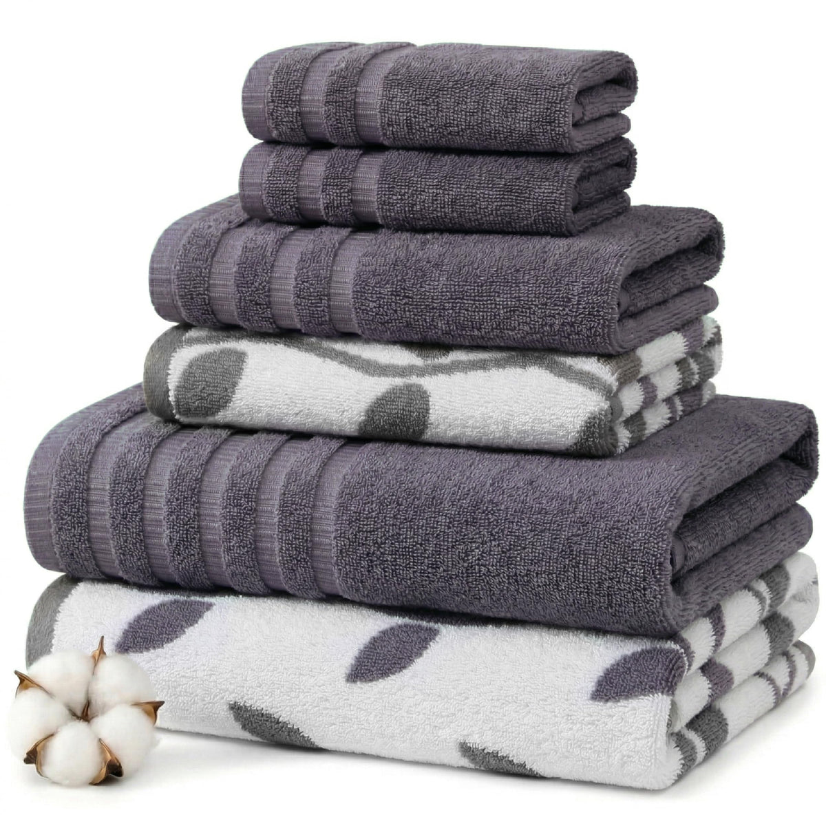 Amrapur 6 pc Yarn Dyed towel Organic Vines Grey Lavender, Cotton, Single